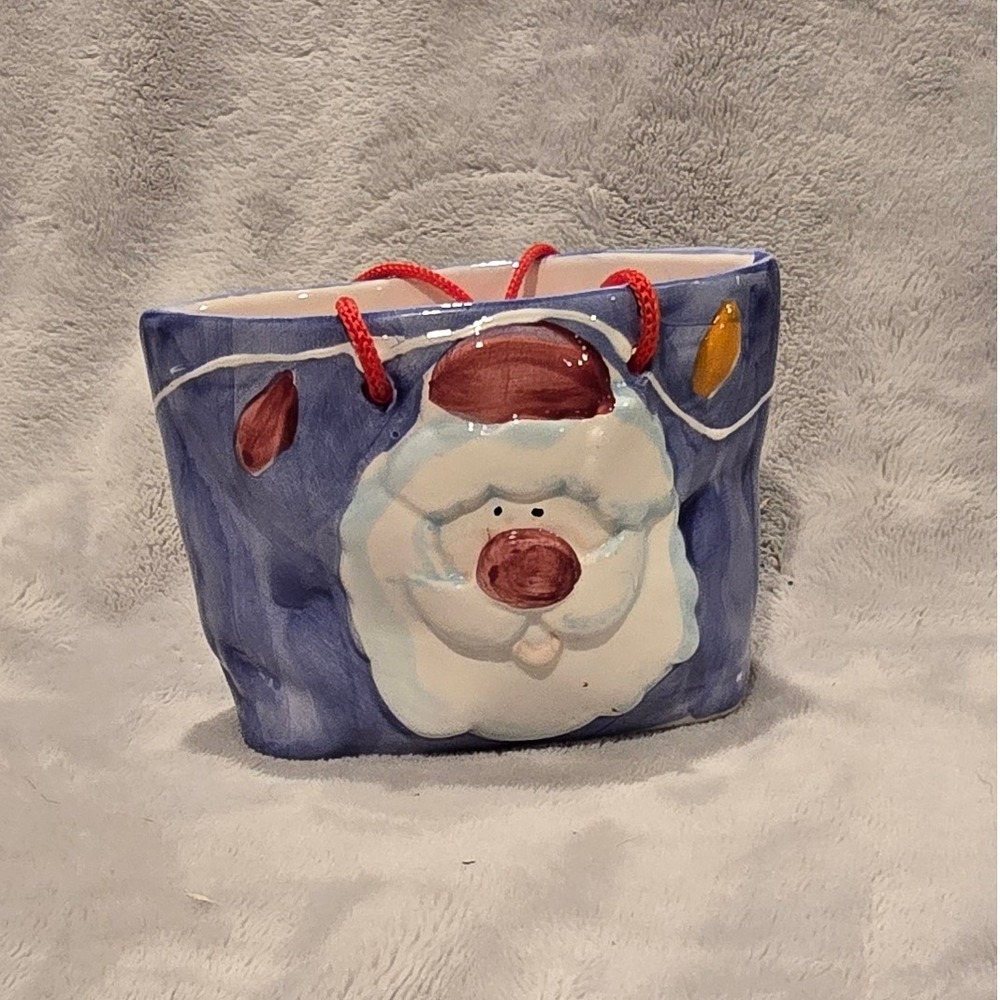 Blue Ceramic Santa Claus Gift Bag Planter Christmas‎ Candy Dish with Red Handles